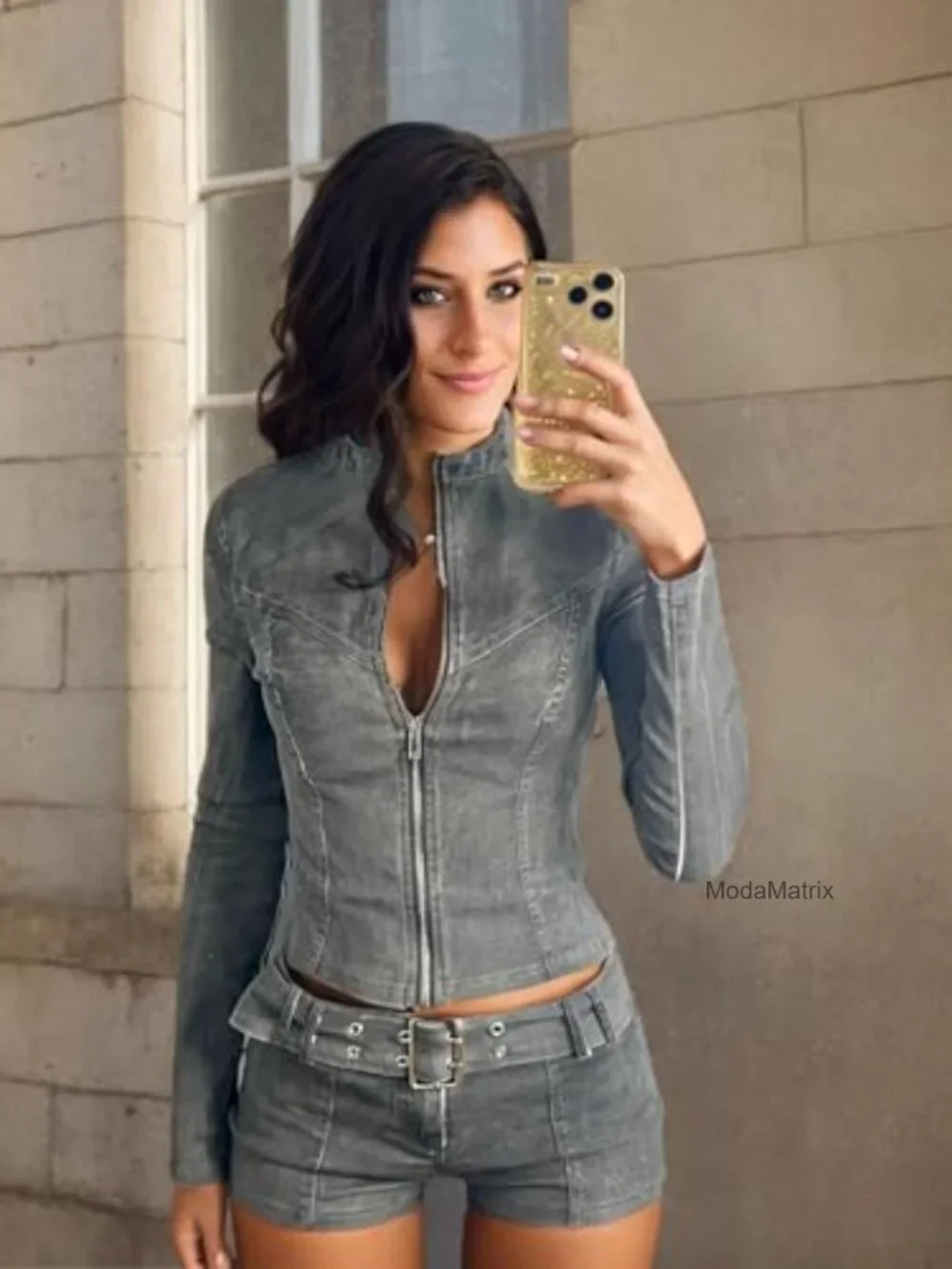 2 Piece Denim Outfits Long Sleeve Cropped Jacket Skinny Jean Shorts Set with